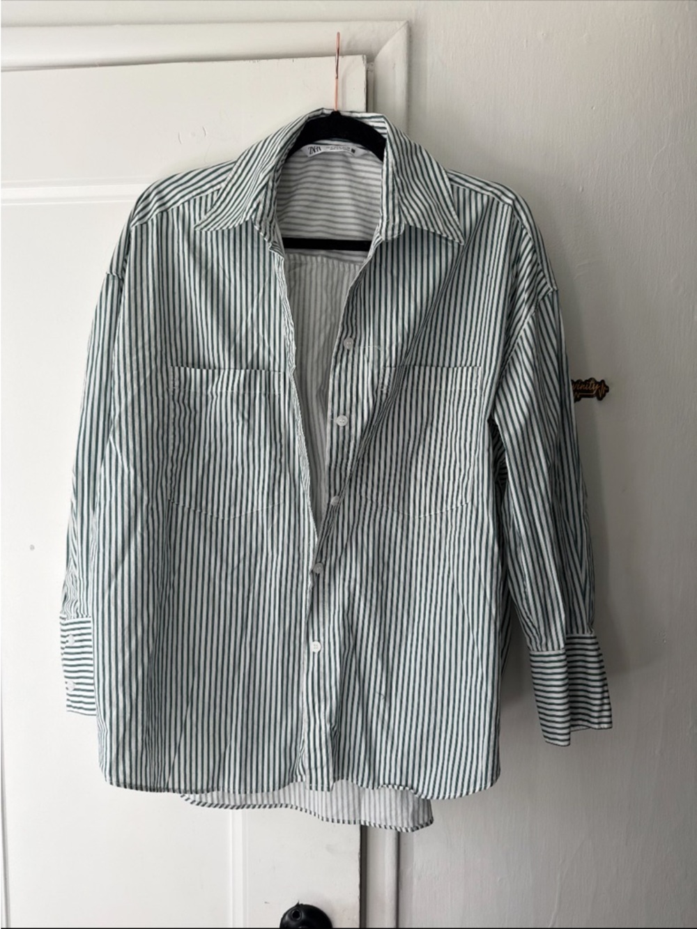 Zara White and Green Vertical Stripe Button-Down Shirt